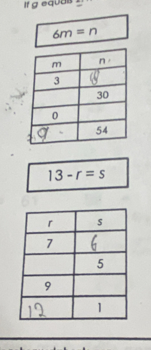 If g equais
6m=n
13-r=s