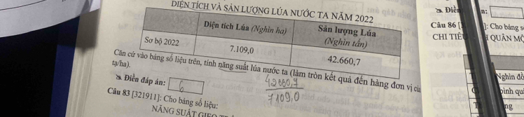 2 Điễn n: 
]: Cho bảng sĩ 
Câu 86 [ 
CHI TIÊ 1 Quân Mộ 
ta 
ết quả đến hàng đơn vị cừ 
ền đáp án: 
Nghin đồ 
pình quí 
Câu 83 [321911]: Cho bảng số liệu: năng Suát Gi 
ng