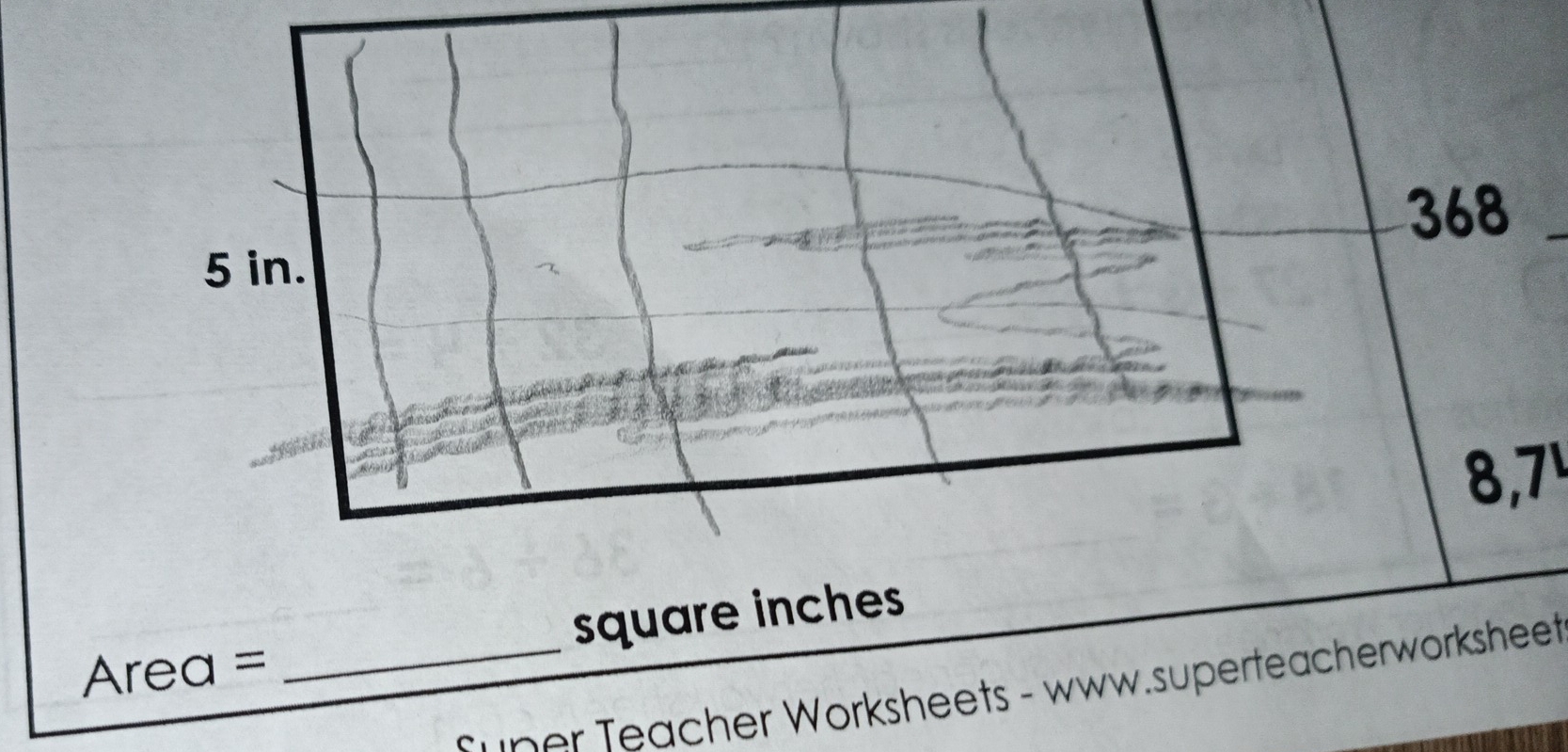 368 
8,7
Area = _ square inches
super Teacher Worksheets - www.superteacherworksheet