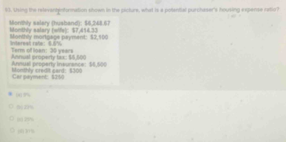 Using the relevantinformation shown in the picture, what is a potential purchaser's housing expense ratio?
Monthly salary (husband): $6,248.67
Monthly salary (wife): $7,414.33
Monthly mortgage payment: $2,100
Interest rate： 6.5%
Term of loan: 30 years
Annual property tax: $5,500
Annual property insurance: $6,500
Monthly credit card: $300
Car payment: $250
(4) 9%
(b) 221s
(t) 25%
(d) 31%