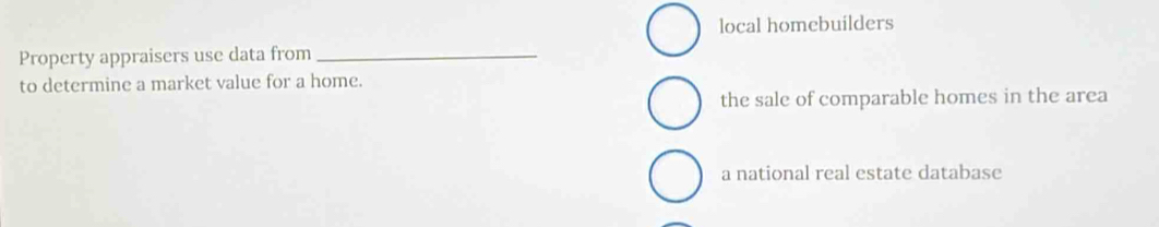local homebuilders 
Property appraisers use data from_ 
to determine a market value for a home. 
the sale of comparable homes in the area 
a national real estate database