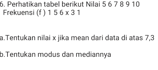 Perhatikan tabel berikut Nilai 5 6 7 8 9 10
Frekuensi (f ) 156* 31
a.Tentukan nilai x jika mean dari data di atas 7, 3
b.Tentukan modus dan mediannya