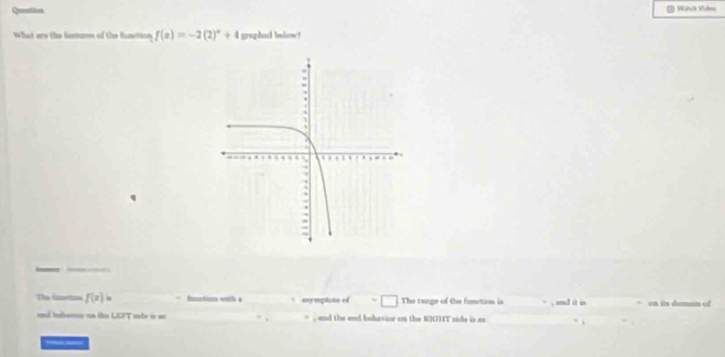 Queation Watch Vikos 
What ere the Gmans of the funetion f(x)=-2(2)^x+4 graphad below? 
_ 
The úmetos f(x)=. fnetion with a * aymplote of The range of the function is ` , and it o = on is daman of 
end hehonus on the LEFT snde is so ” , = , and the end bohavior on the NIGHT side is as " i 
__