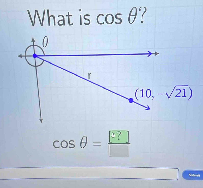 What is cos θ
cos θ = [5?]/□  
Submit