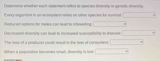 Determine whether each statement refers to species diversity or genetic diversity. 
Every organism in an ecosystem relies on other species for survival: □ 
Reduced options for mates can lead to inbreeding: □
Decreased diversity can lead to increased susceptibility to disease: □
The loss of a producer could result in the loss of consumers: □
When a population becomes small, diversity is lost: □