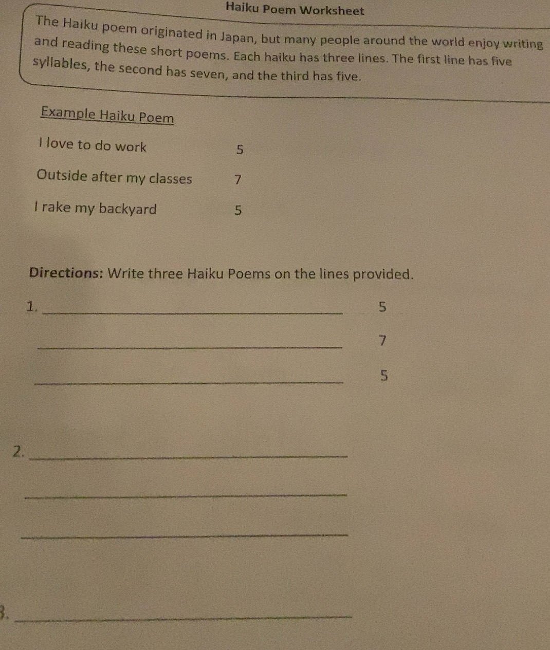 Solved: Haiku Poem Worksheet The Haiku poem originated in Japan, but ...