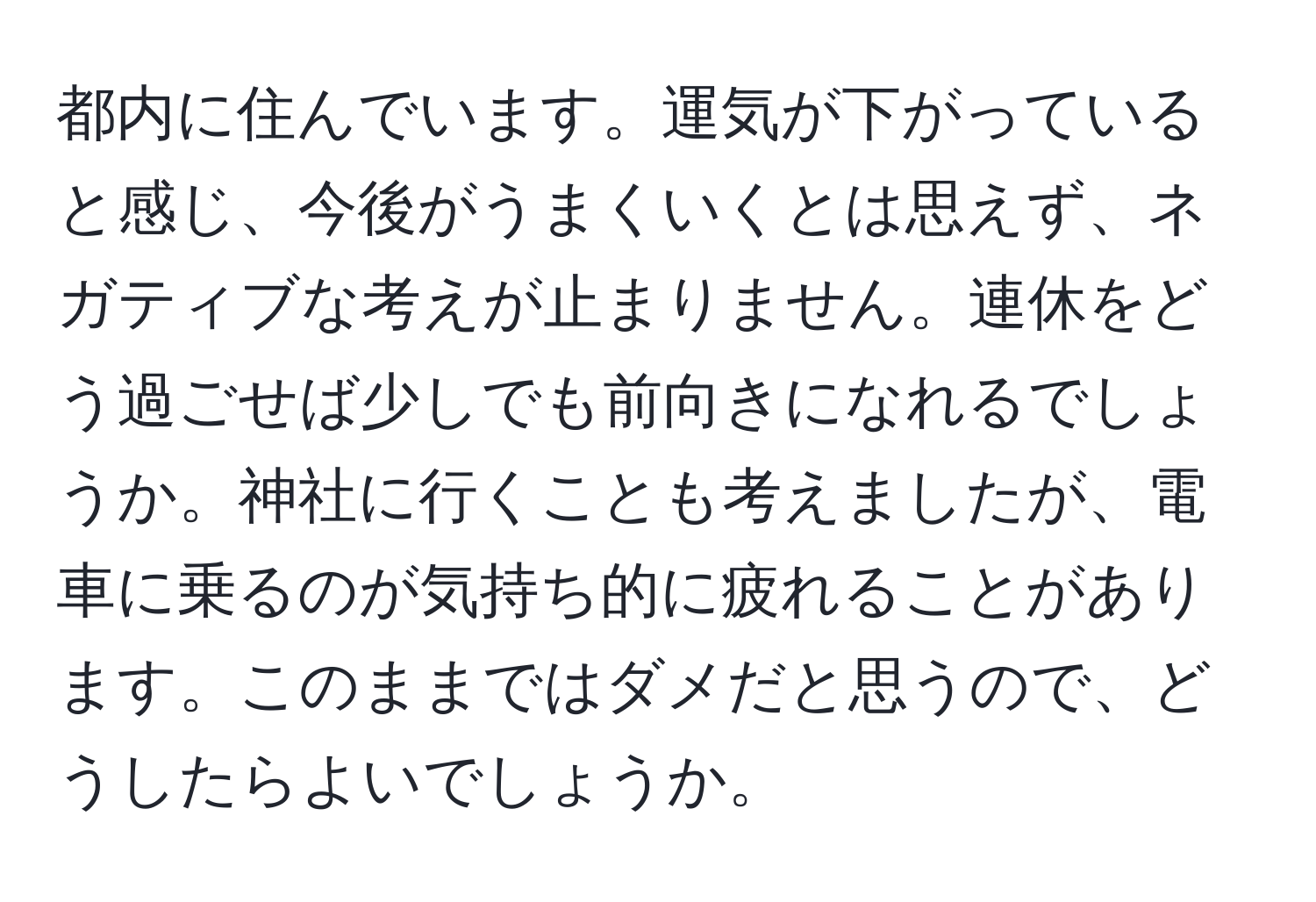 都内に住んでいます。運気が下がっていると感じ、今後がうまくいくとは思えず、ネガティブな考えが止まりません。連休をどう過ごせば少しでも前向きになれるでしょうか。神社に行くことも考えましたが、電車に乗るのが気持ち的に疲れることがあります。このままではダメだと思うので、どうしたらよいでしょうか。