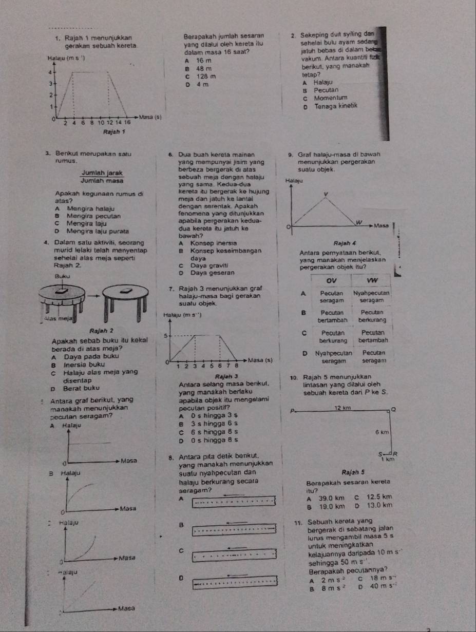 Rajah 1 menunjukkan Berapakah jumlah sesaran 2. Sekeping dut sylling dan
gerakan sebuah kereta. yang dilalui oleh kereta ilu sehelai bulu ayam sadan 
dalam masa 16 saat? jaluh bebas di dalam beb
A 16 m vakum. Antara kuantifi fizl
berikut, yang manakah
B 48 m
c 128 m tetap?
A Halaju
D 4 m
B Pecutan
c Momentum
o Tenaga kinetik
Rajah 1
3. Berikut merupakan satu 6. Dua buah kereta mainan 9. Graf halaju-masa di bawah
rumus. yang mempunyai jisim yang menunjukkan pergerakan
Jumlah jarak berbeza bergerak di atas sualu objek.
Jumlah məsa sebuah meja dengan halaju Halaju
yang sama. Kedua-dua
Apakah kegunaan rumus di kereta itu bergerak ke hujung y
atas? meja dan jatuh ke lantai
A Mengira halaju dengan serentak. Apakah
B Mengira pecutan fenomena yang ditunjukkan
c Mengira laju apabila pergerakan kedua-
w       M asa
D Mengira laju purata bawah? dua kereta itu jatuh k
4. Dalam salu aktiviti, seorang A Konsep inersia Rajah 4
murid lelaki telah menyentap B Konsep kesaimbangan
sehelai alas meja sepert daya Antara pernyataan benkut,
yang manakan menjelaskan 
Rajah 2. c Daya graviti pergerakan objek itu?
D Daya geseran
ov VW
7. Rajah 3 menunjukkan graf Peculan Nyahpecutan
halaju-masa bagi gerakan A
suatu objek seragam seragam
B Pecutan Pecutan
Halaju (m s²) berlambah berkurang
Pecutan Pecutan
C
Apakah sebab buku itu kekal 5 berkurang bertambah
berada di atas meja?
A Daya pada buku D Nyahpecutan Pecutan
0
B Inersia buku 1 2 3 4 5 6 7 B Masa (s) seragam seragan
C Halaju alas meja yang
disentap Rajah 3 10. Rajah 5 menunjukkan
D Berat buku Antara selang masa benkul. lintasan yang dilalui oleh
yang manakah berlaku sebuah kereta dari P ke S
Antara graf berikut, yang apabila objek itu mengelami
manakah menunjukkan peculan positif?
pecutan seragam? A 0 s hingga 3 s 
A Halaju B 3 s hingga 6 s
C 6 s hingga 8 s
D 0 s hingga 8 s
σ  Masa 8. Antara pita delik benkut.
B Halajuyang manakah menunjukkan
sualu nyahpecutan dan Rajah 5
halaju berkurang secara Berapakah sesaran kereta
seragam? itu?
A A 39.0 km C 12.5 km
B 19.0 km D 13.0 km
: 11. Sebush kerela yan
B
bergerak di sebatang jalan 
lurus mengambil masa 5 s
C untuk meningkatkan
kelajuannya daripada 10ms^-
sehingga 50ms^(-1)
②au Berapakah pecutannya?
A 2ms^2 C 18 m 87°
B 8ms^2 D 40 m 5^(-2)
Masa
