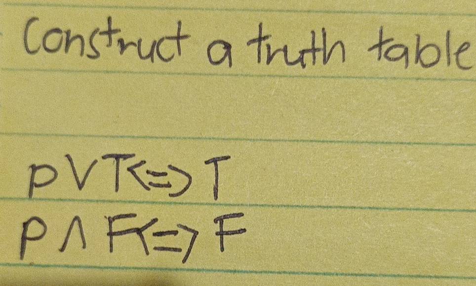 construct a truth table
pvee T 7
Pwedge FRightarrow F