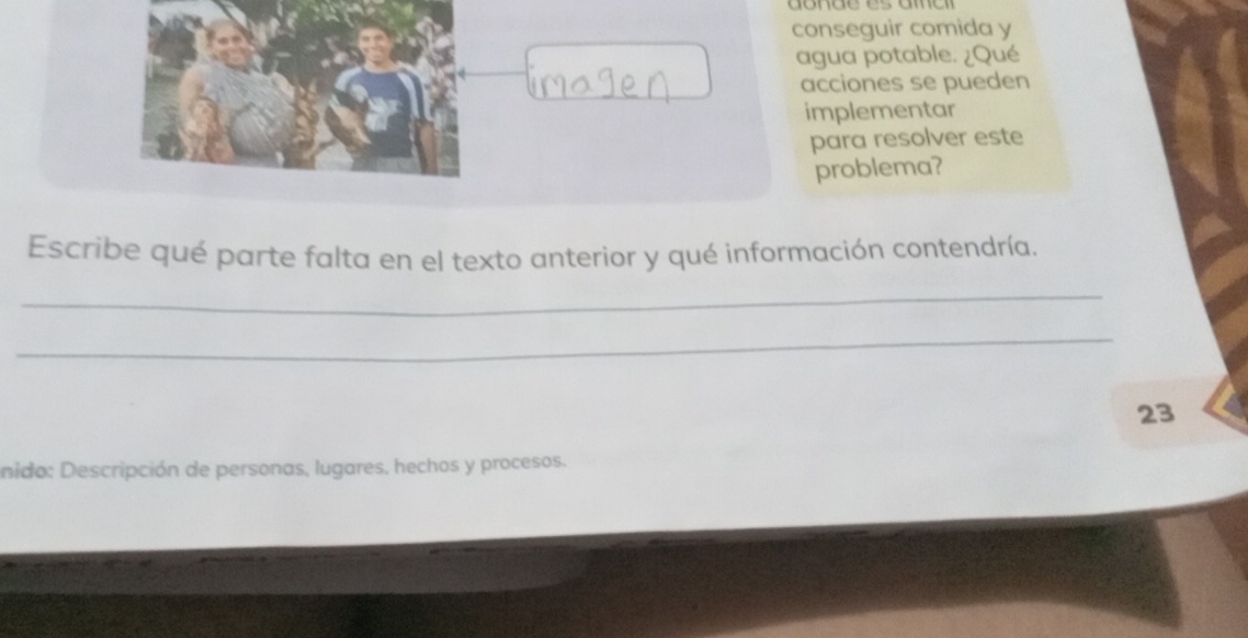 conseguir comida y 
agua potable. ¿Qué 
acciones se pueden 
implementar 
para resolver este 
problema? 
Escribe qué parte falta en el texto anterior y qué información contendría. 
_ 
_ 
23 
nido: Descripción de personas, lugares, hechos y procesos.