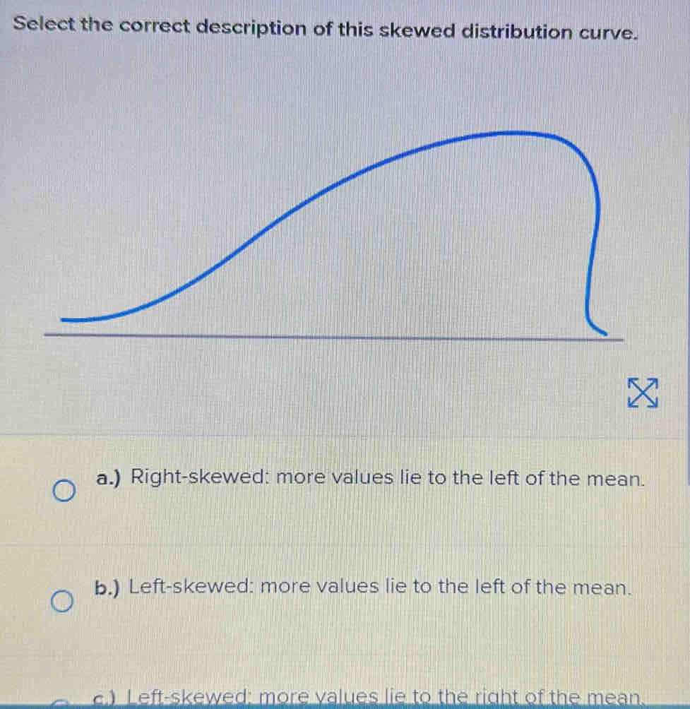 Select the correct description of this skewed distribution curve.
a.) Right-skewed: more values lie to the left of the mean.
b.) Left-skewed: more values lie to the left of the mean.
) Left-skewed: more values lie to the right of the mean.