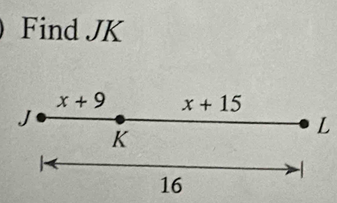 Find JK
x+9
x+15
J
L
K
16