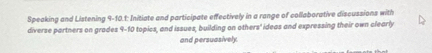 Speaking and Listening 9-10.1: Initiate and participate effectively in a range of collaborative discussions with 
diverse partners on grades 9-10 topics, and issues, building on others' ideas and expressing their own clearly 
and persuasively.