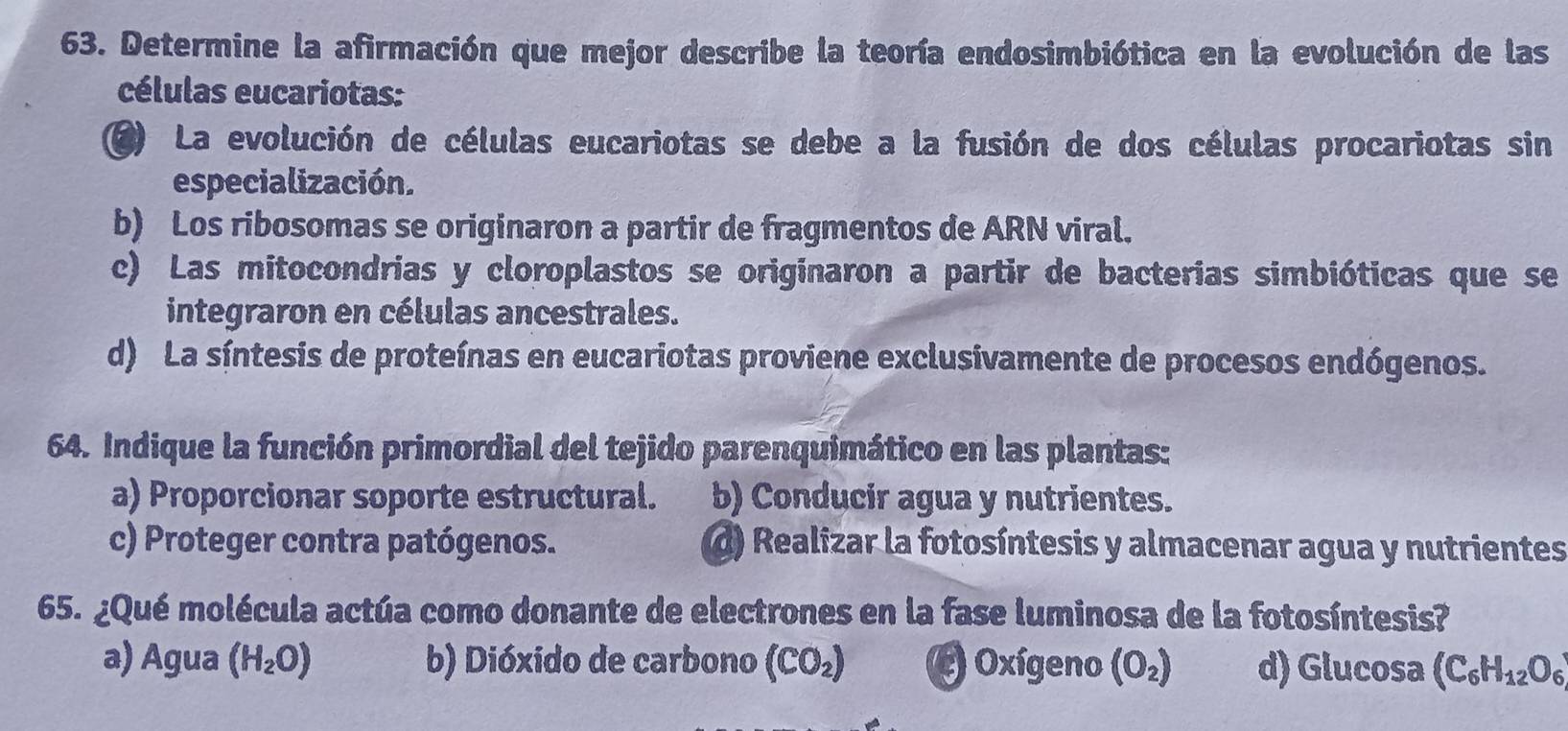 Determine la afirmación que mejor describe la teoría endosimbiótica en la evolución de las
células eucariotas:
La evolución de células eucariotas se debe a la fusión de dos células procariotas sin
especialización.
b) Los ribosomas se originaron a partir de fragmentos de ARN viral.
c) Las mitocondrias y cloroplastos se originaron a partir de bacterias simbióticas que se
integraron en células ancestrales.
d) La síntesis de proteínas en eucariotas proviene exclusivamente de procesos endógenos.
64. Indique la función primordial del tejido parenquimático en las plantas:
a) Proporcionar soporte estructural. b) Conducir agua y nutrientes.
c) Proteger contra patógenos. d) Realizar la fotosíntesis y almacenar agua y nutrientes
65. ¿Qué molécula actúa como donante de electrones en la fase luminosa de la fotosíntesis?
a) Agua (H_2O) b) Dióxido de carbono (CO_2) c) Oxígeno (O_2) d) Glucosa (C_6H_12O_6)