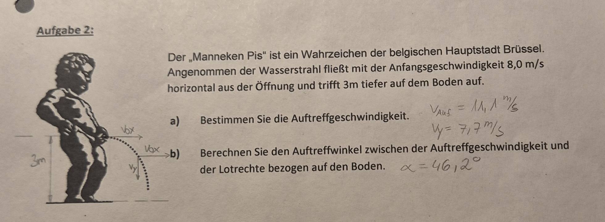 Aufgabe 2: 
„Manneken Pis' ist ein Wahrzeichen der belgischen Hauptstadt Brüssel. 
enommen der Wasserstrahl fließt mit der Anfangsgeschwindigkeit 8,0 m/s
izontal aus der Öffnung und trifft 3m tiefer auf dem Boden auf. 
Bestimmen Sie die Auftreffgeschwindigkeit. 
Berechnen Sie den Auftreffwinkel zwischen der Auftreffgeschwindigkeit und 
der Lotrechte bezogen auf den Boden.