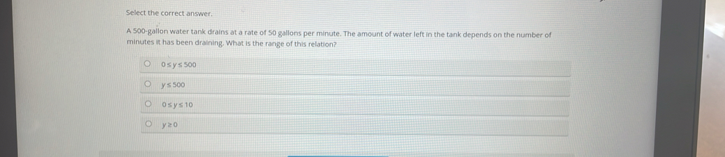 Select the correct answer.
A 500-gallon water tank drains at a rate of 50 gallons per minute. The amount of water left in the tank depends on the number of
minutes it has been draining. What is the range of this relation?
0≤ y≤ 500
y≤ 500
0≤ y≤ 10
y≥ 0