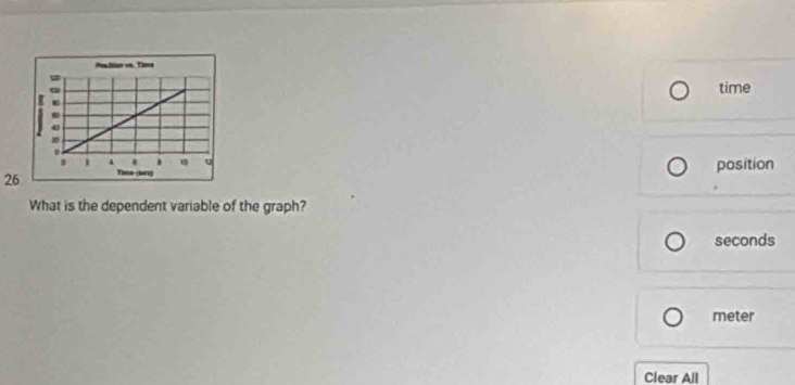 time 
2 position 
What is the dependent variable of the graph?
seconds
meter
Clear All