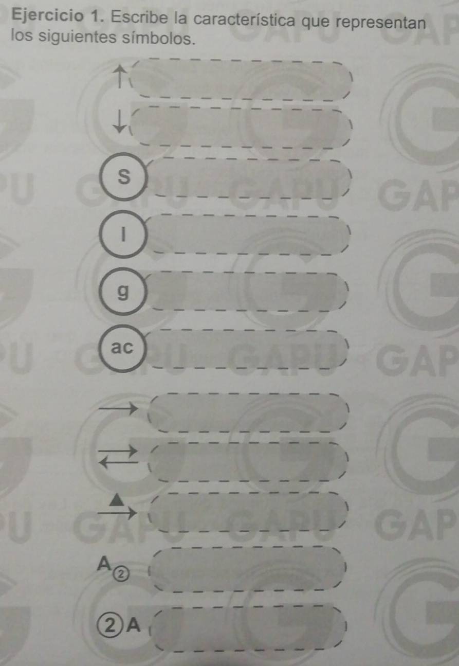 Escribe la característica que representan
los siguientes símbolos.
S
GAP
|
g
ac
GAP
GAP
A ②
②A