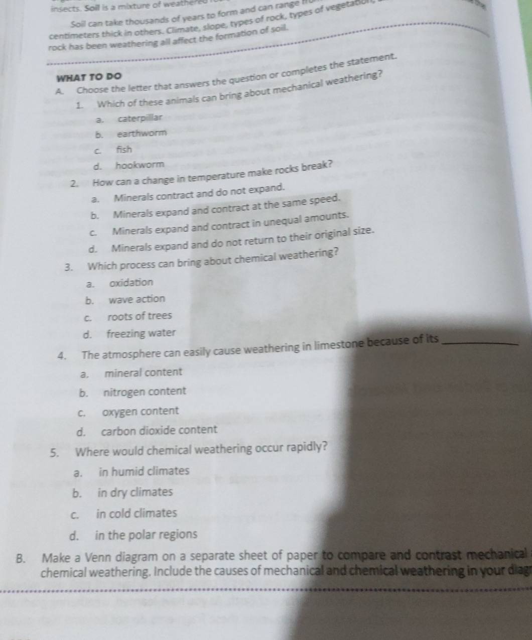 insects. Soill is a mixture of weathered
Soil can take thousands of years to form and can range Il
centimeters thick in others. Climate, slope, types of rock, types of vegetatio
22
rock has been weathering all affect the formation of soil.
A. Choose the letter that answers the question or completes the statement.
WHAT TO DO
1. Which of these animals can bring about mechanical weathering?
a. caterpillar
b. earthworm
c. fish
d. hookworm
2. How can a change in temperature make rocks break?
a. Minerals contract and do not expand.
b. Minerals expand and contract at the same speed.
c. Minerals expand and contract in unequal amounts.
d. Minerals expand and do not return to their original size.
3. Which process can bring about chemical weathering?
a. oxidation
b. wave action
c. roots of trees
d. freezing water
4. The atmosphere can easily cause weathering in limestone because of its_
a. mineral content
b. nitrogen content
c. oxygen content
d. carbon dioxide content
5. Where would chemical weathering occur rapidly?
a. in humid climates
b. in dry climates
c. in cold climates
d. in the polar regions
B. Make a Venn diagram on a separate sheet of paper to compare and contrast mechanical
chemical weathering. Include the causes of mechanical and chemical weathering in your diag