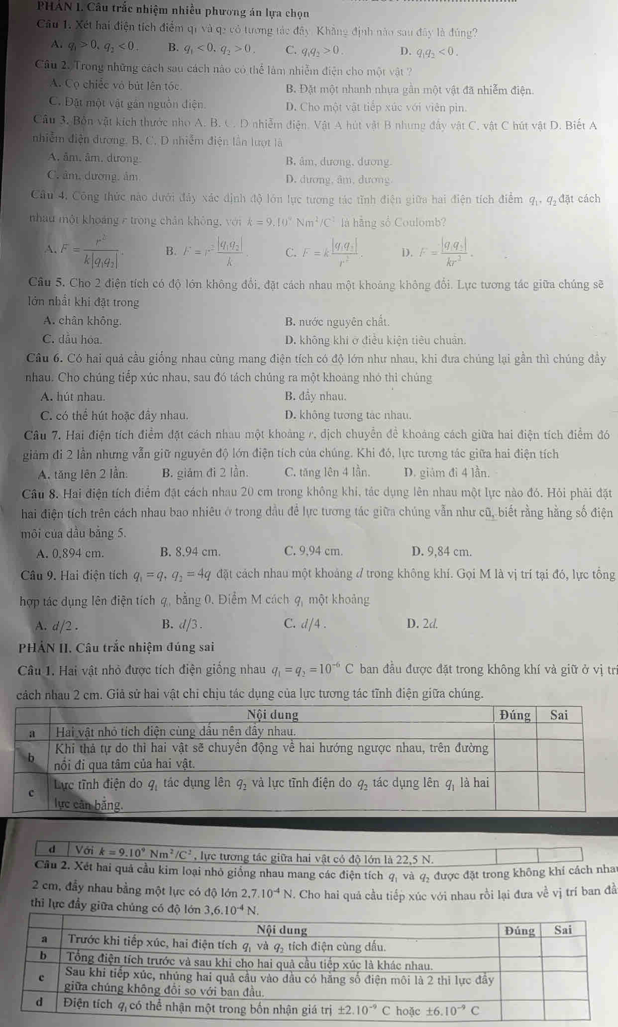 PHAN I. Câu trắc nhiệm nhiều phương án lựa chọn
Câu 1. Xét hai điện tích điểm qi và q2 có tương tác đây, Khẳng định nào sau đây là đúng?
A. q_1>0,q_2<0_+ B. q_1<0.q_2>0. C. q_1q_2>0. q_1q_2<0.
D.
Câu 2. Trong những cách sau cách nào có lln overline  àm nhiễm điện cho một vật ?
A. Cọ chiếc vỏ bút lên tóc B. Đặt một nhanh nhựa gần một vật đã nhiễm điện.
C. Đặt một vật gần nguồn điện D. Cho một vật tiếp xúc với viên pin.
Câu 3. Bỗn vật kích thước nho A. B. C. D nhiễm điện. Vật A hút vật B nhưng đấy vật C. vật C hút vật D. Biết A
nhiễm điện đương. B, C. D nhiễm điện lần lượt là
A. âm. âm. dương B, âm, dương, dương.
C. âm, dương, âm D. dương, âm, dương
Câu 4, Công thức nào dưới đảy xác định độ lớn lực tương tác tĩnh điện giữa hai điện tích điểm q_1,q_2d_2 t cách
nhau một khoảng c trong chân không, với k=9.10^9Nm^2/C^(2^2) là hằng số Coulomb?
A. F=frac r^2k|q_1q_2|. B. F=r^2frac |q_1q_2|k. C. F=kfrac |q_1q_2|r^2. D. F=frac |q_1q_2|kr^2.
Câu 5. Cho 2 điện tích có độ lớn không đổi, đặt cách nhau một khoảng không đổi. Lực tương tác giữa chúng sẽ
lớn nhất khi đặt trong
A. chân không. B. nước nguyên chất.
C. dầu hóa. D. không khi ở điều kiện tiêu chuẩn.
Câu 6. Có hai quả cầu giống nhau cùng mang điện tích có độ lớn như nhau, khi đưa chúng lại gần thì chúng đầy
nhau. Cho chúng tiếp xúc nhau, sau đó tách chúng ra một khoảng nhỏ thi chúng
A. hút nhau. B. đầy nhau.
C. có thể hút hoặc đầy nhau. D. không tương tác nhau.
Câu 7. Hai điện tích điểm đặt cách nhau một khoảng r, dịch chuyển đề khoảng cách giữa hai điện tích điểm đó
giảm đi 2 lần nhưng vẫn giữ nguyên độ lớn điện tích của chúng. Khi đó, lực tương tác giữa hai điện tích
A. tăng lên 2 lần: B. giảm đi 2 lần. C. tăng lên 4 lần. D. giám đi 4 lần.
Câu 8. Hai điện tích điểm đặt cách nhau 20 cm trong không khi, tác dụng lên nhau một lực nào đó. Hỏi phải đặt
hai điện tích trên cách nhau bao nhiêu ở trong dầu đề lực tương tác giữa chúng vẫn như cũ, biết rằng hằng số điện
môi của dầu bằng 5.
A. 0.894 cm. B. 8.94 cm. C. 9,94 cm. D. 9,84 cm.
Câu 9. Hai điện tích q_1=q_1q_2=4q đặt cách nhau một khoảng d trong không khí. Gọi M là vị trí tại đó, lực tổng
hợp tác dụng lên điện tích q, bằng 0. Điểm M cách q, một khoảng
A. d/2 . B. d/3 . C. d/4 . D. 2d.
PHẢN II. Câu trắc nhiệm đúng sai
Câu 1. Hai vật nhỏ được tích điện giống nhau q_1=q_2=10^(-6)C ban đầu được đặt trong không khí và giữ ở vị trị
cảch nhau 2 cm. Giả sử hai vật chi chịu tác dụng của lực tương tác tĩnh điện giữa chúng.
d Voik=9.10^9Nm^2/C^2 , lực tương tác giữa hai vật có độ lớn là 22,5 N.
Câu 2. Xét hai quả cầu kim loại nhỏ giống nhau mang các điện tích q, và q, được đặt trong không khí cách nha
2 cm, đầy nhau bằng một lực có độ lớn 2,7.10^(-4)N. Cho hai quả cầu tiếp xúc với nhau rồi lại đưa về vị trí ban đầ
thi lực đầy giữa chúng có độ lớn 3,6.10^(-4)N.