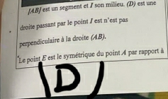 [ AB ] est un segment et I son milieu. (D) est une 
droite passant par le point I est n’est pas 
perpendiculaire à la droite (AB). 
Le point E est le symétrique du point A par rapport à