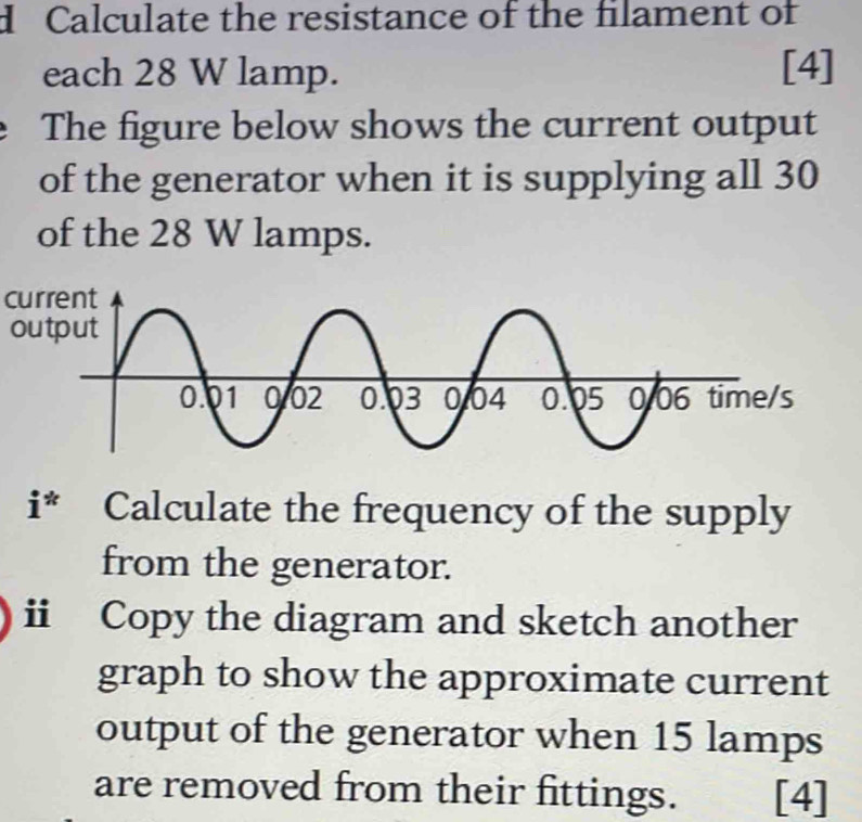 Calculate the resistance of the filament of 
each 28 W lamp. [4] 
The figure below shows the current output 
of the generator when it is supplying all 30
of the 28 W lamps. 
current 
output
i^* Calculate the frequency of the supply 
from the generator. 
ⅱ Copy the diagram and sketch another 
graph to show the approximate current 
output of the generator when 15 lamps 
are removed from their fittings. [4]