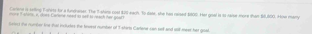 Carlene is selling T-shirts for a fundraiser. The T-shirts cost $20 each. To date, she has raised $800. Her goal is to raise more than $8,800. How many 
more T-shirts, x, does Carlene need to sell to reach her goal? 
Select the number line that includes the fewest number of T-shirts Carlene can sell and still meet her goal.