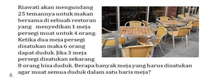 Riawati akan mengundang
25 temannya untuk makan 
bersama di sebuah restoran 
yang menyedikan 1 meja 
persegi muat untuk 4 orang 
Ketika dua meja persegi 
disatukan maka 6 orang 
dapat duduk. Jika 3 meja 
persegi disatukan sekarang
8 orang bisa duduk. Berapa banyak meja yang harus disatukan
6 agar muat semua duduk dalam satu baris meja?