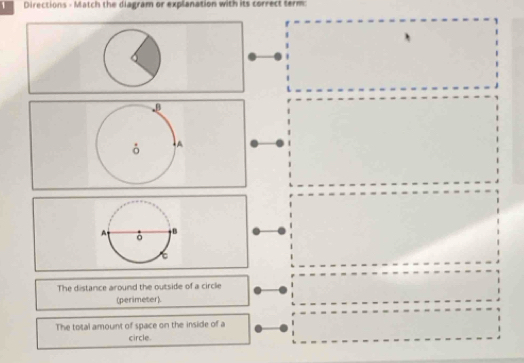 Directions - Match the diagram or explanation with its correct term:
The distance around the outside of a circle
(perimeter).
The total amount of space on the inside of a
circle.