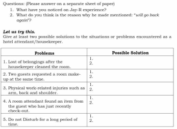 (Please answer on a separate sheet of paper) 
1. What have you noticed on Jay R experience? 
2. What do you think is the reason why he made mentioned: “will go back 
again"? 
Let us try this. 
Give at least two possible solutions to the situations or problems encountered as a 
hotel attendant/housekeeper. 
1 
2 
u 
3 
4 
5 
time