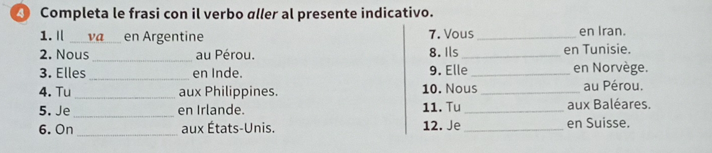 Completa le frasi con il verbo aller al presente indicativo. 
1. _en Argentine 7. Vous _en Iran. 
_ 
2. Nous au Pérou. 8. Ils_ en Tunisie. 
3. Elles _en Inde. 9. Elle_ en Norvège. 
4. Tu _aux Philippines. 10. Nous _au Pérou. 
11. Tu 
5. Je _en Irlande. _aux Baléares. 
6. On _aux États-Unis. 12. Je _en Suisse.