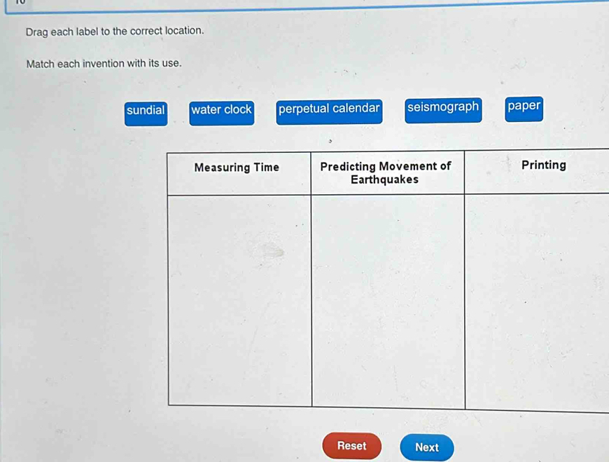 Drag each label to the correct location.
Match each invention with its use.
sundial water clock perpetual calendar seismograph paper
Reset Next