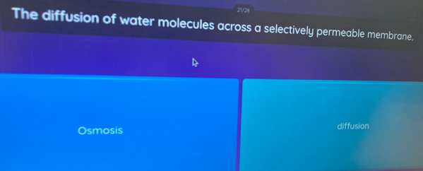 21/28
The diffusion of water molecules across a selectively permeable membrane.
Osmosis diffusion