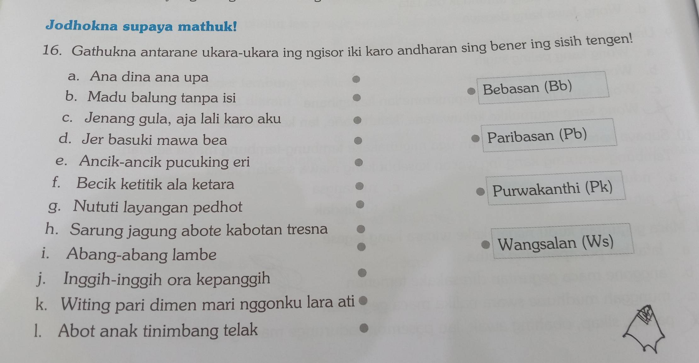 Jodhokna supaya mathuk! 
16. Gathukna antarane ukara-ukara ing ngisor iki karo andharan sing bener ing sisih tengen! 
a. Ana dina ana upa 
Bebasan (Bb) 
b. Madu balung tanpa isi 
c. Jenang gula, aja lali karo aku 
d. Jer basuki mawa bea 
Paribasan (Pb) 
e. Ancik-ancik pucuking eri 
f. Becik ketitik ala ketara 
Purwakanthi (Pk) 
g. Nututi layangan pedhot 
h. Sarung jagung abote kabotan tresna 
i. Abang-abang lambe 
Wangsalan (Ws) 
j. Inggih-inggih ora kepanggih 
k. Witing pari dimen mari nggonku lara ati 
l. Abot anak tinimbang telak