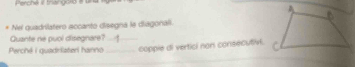 Per che trangoio e un lg 
Nel quadrilatero accanto disegna le diagonali. 
Quante ne puol disegnare?_ 
Perché i quadrilateri hanno _coppie di vertici non consecutivi.