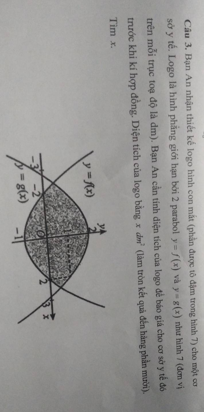 Bạn An nhận thiết kế logo hình con mắt (phần được tô đậm trong hình 7) cho một cơ
sở y tế. Logo là hình phẳng giới hạn bởi 2 parabol y=f(x) và y=g(x) như hình 7 (đơn vị
trên mỗi trục toạ độ là dm). Bạn An cần tính diện tích của logo đề báo giá cho cơ sở y tế đó
trước khi kí hợp đồng. Diện tích của logo bằng xdm^2 (làm tròn kết quả đến hàng phần mười).
Tìm x.