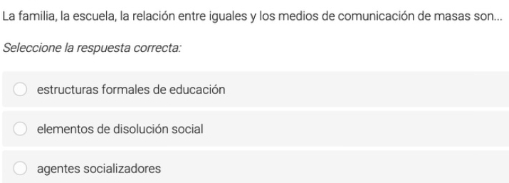 La familia, la escuela, la relación entre iguales y los medios de comunicación de masas son...
Seleccione la respuesta correcta:
estructuras formales de educación
elementos de disolución social
agentes socializadores