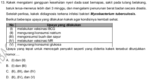 Kakek mengalami gangguan kesehatan nyeri dada saat bernapas, sakit pada tulang belakang,
batuk terus-menerus lebih dari 3 minggu, dan mengalami penurunan berat badan secara drastis.
Setelah periksa, kakek didiagnosis terkena infeksi bakteri Mycobacterium tuberculosis.
Berikut beberapa upaya yang dilakukan kakek agar kondisinya kembali sehat.
Upaya yang tepat untuk mencegah penyakit seperti yang diderita kakek tersebut ditunjukkan
nomor....
A. (I) dan (II)
B. (I) dan (III)
C. (II), (III), dan (Ⅳ)
D. (II), (IV), dan (V)