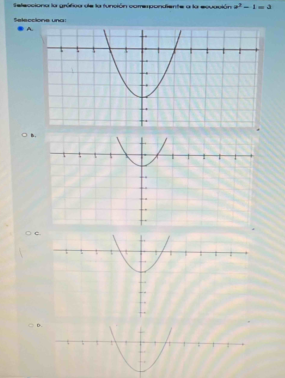 Selecciona la gráfica de la función correspondiente a la ecuación a^2-1=a
Seleccione una: 
A. 
B. 
C. 
D.