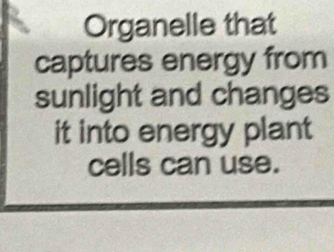 Organelle that 
captures energy from 
sunlight and changes 
it into energy plant 
cells can use.