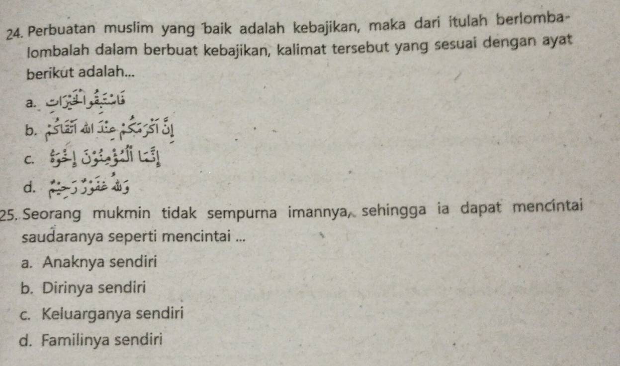 Perbuatan muslim yang baik adalah kebajikan, maka dari itulah berlomba-
lombalah dalam berbuat kebajikan, kalimat tersebut yang sesuai dengan ayat
berikut adalah...
a.
b.
C.
d.
25. Seorang mukmin tidak sempurna imannya, sehingga ia dapat mencintai
saudaranya seperti mencintai ...
a. Anaknya sendiri
b. Dirinya sendiri
c. Keluarganya sendiri
d. Familinya sendiri