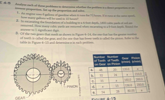 4-5 Analyze each of these problems to determine whether the peublem is a direct proportion or an 
inverse proportion. Set up the proportion and solve. 
1. An engine ures 6 gallons of garoline when it runs for 74 hours. If it runs at the same speed, 
how many gallons will be used in 10 hours? 
2. In excavating the foundation of a building to a 4-foot depth, 1800 cabic pards of sil am 
removed. How many cubic yards are removed when excavating to a 9-foot depth. Round the 
answer to 1 significant digit. 
3. Of the two gears that mesh as shown in Figure 4-14, the one that has the greater number 
of teeth is called the gear, and the one that has fewer teeth is called the piniom. Refer to the 
table in Figure 4-15 and determine x in each problem. 
GEAR 
Figure 4-15