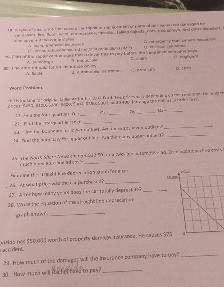 A type of insurance that covers the repair or replacement of parts of an insured car damaged by
vandalism, fire, flood, wind, earthquakes, missiles, falling objects, riots, tree sprays, and other disasters; i
also covers if the car is stolen.
A. comprehensive insurance C. emergency road service insurance
B. uninsured/underinsured motorist protection (UMP) D. collision insurance
19. Part of the repair or damages that a driver has to pay before the insurance company pays.
A. surcharge B. deductible C. claim D. negligent
20. The amount paid for an insurance policy.
A. liable B. automobile insurance C. premium D. cash
Word Problem:
Bill is looking for original taillights for his 1932 Ford. The prices vary depending on the condition. He finds th
prices: $450, $100, $180, $600, $300, $350, $300, and $400. (arrange the dollars in order first)
21. Find the four quartiles. Q_1= _ Q_2= _ Q_3= _ Q_A= _
22. Find the interquartile range._
23. Find the boundary for lower outliers. Are there any lower outliers?_
24. Find the boundary for upper outliers. Are there any upper outliers?
_
25. The North Shore News charges $22.50 for a two-line automotive ad. Each additional line costs
much does a six-line ad cost?_
Examine the straight line depreciation graph for a car.
26. At what price was the car purchased?_
27. After how many years does the car totally depreciate?_
28. Write the equation of the straight line depreciation
graph shown.
_
onaldo has $50,000 worth of property damage insurance. He causes 
accident.
29. How much of the damages will the insurance company have to pay?_
30. How much will Rachel have to pay?_