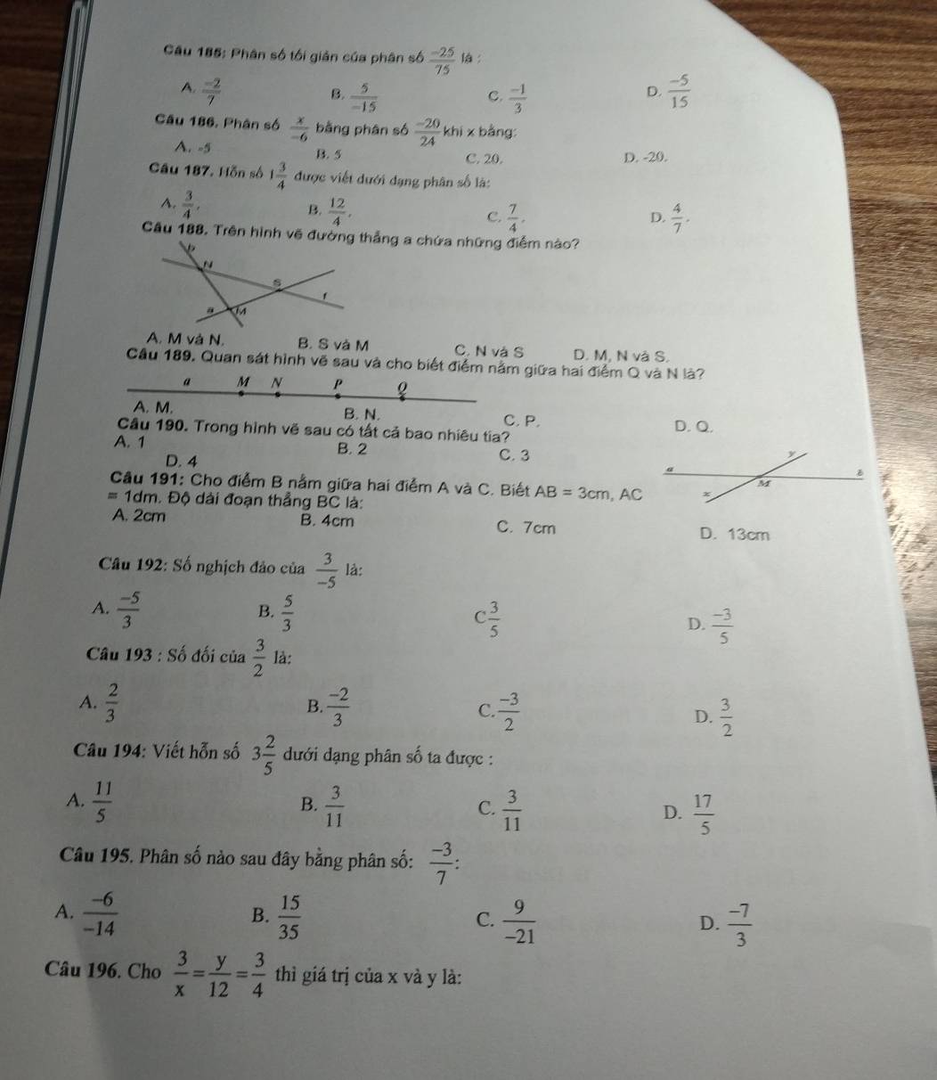 Phân số tối giản của phân số  (-25)/75 
A.  (-2)/7   (-5)/15 
B.  5/-15   (-1)/3 
C.
D.
Câu 186, Phân số  x/-6  bằng phân số  (-20)/24 khi* t bằng:
A. -5 B. 5 C. 20. D. -20.
Câu 187, Hồn số 1 3/4  được viết dưới dạng phân số là:
A.  3/4 .
B.  12/4 .  7/4 .  4/7 .
C.
D.
Cầu 188. Trên hình vẽ đường thẳng a chứa những điểm nào?
A. M và N. B. S và M C. N và S D. M, N và S.
Cầu 189, Quan sát hình vẽ sau và cho biết điểm nằm giữa hai điểm Q và N là?
a M N P Q
A. M. B. N. C. P.
Cầu 190. Trong hình vẽ sau có tất cả bao nhiêu tia? D. Q.
A. 1 B. 2 C. 3
D. 4
y
B
M
Cầu 191: Cho điểm B nằm giữa hai điểm A và C. Biết AB=3cm,AC x
=1dm. Độ dài đoạn thẳng BC là:
A. 2cm B. 4cm C. 7cm
D. 13cm
Câu 192: Số nghịch đảo của  3/-5  là:
B.
A.  (-5)/3   5/3   3/5   (-3)/5 
C
D.
Câu 193:S_0^((∠) đối của frac 3)2 là:
B.
A.  2/3   (-2)/3  C.  (-3)/2  D.  3/2 
Câu 194: Viết hỗn số 3 2/5  đưới dạng phân số ta được :
A.  11/5   3/11   3/11   17/5 
B.
C.
D.
Câu 195. Phân số nào sau đây bằng phân số:  (-3)/7 :
A.  (-6)/-14   15/35 
B.
C.  9/-21   (-7)/3 
D.
Câu 196. Cho  3/x = y/12 = 3/4  thì giá trị của x và y là: