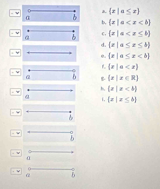  x|a≤ x
a
b
b.  x|a
a
b c.  x|a
d.  x|a≤ x≤ b
e.  x|a≤ x
f.  x|a
。
a
b g.  x|x∈ R
h.  x|x
a
i.  x|x≤ b
b
。
b
a
α
b