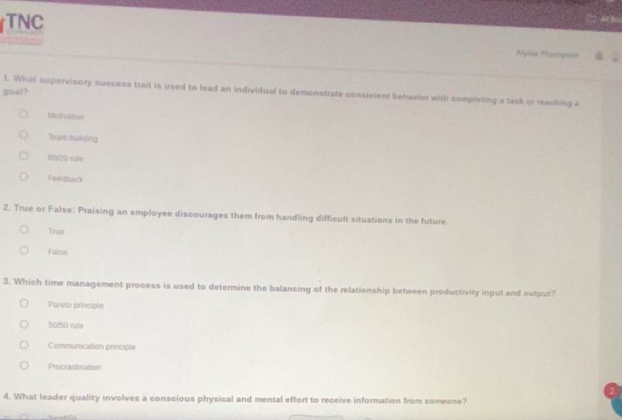 Solved: TNC Alysia Thampson goal? 1. What supervisory success trait is ...