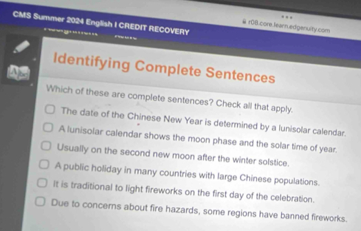 Solved: CMS Summer 2024 English I CREDIT RECOVERY ≌ r0B.core.iearn ...