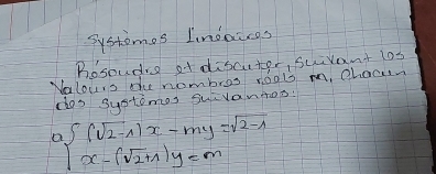 Systomes Indocces 
Bosoudre of discutor, suivant 1os 
Volours the nombros vools m, chooun 
clas Systimos Suivantop:
∴ beginarrayl (sqrt(2)-1)x-my=sqrt(2-1) x-(sqrt(2)+1)y=mendarray.