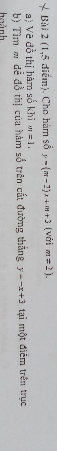 (1,5 điểm). Cho hàm số y=(m-2)x+m+3 (với m!= 2). 
a) Vẽ đồ thị hàm số khi m=1. 
b) Tìm m để đồ thị của hàm số trên cắt đường thắng y=-x+3 tại một điểm trên trục 
hoành.