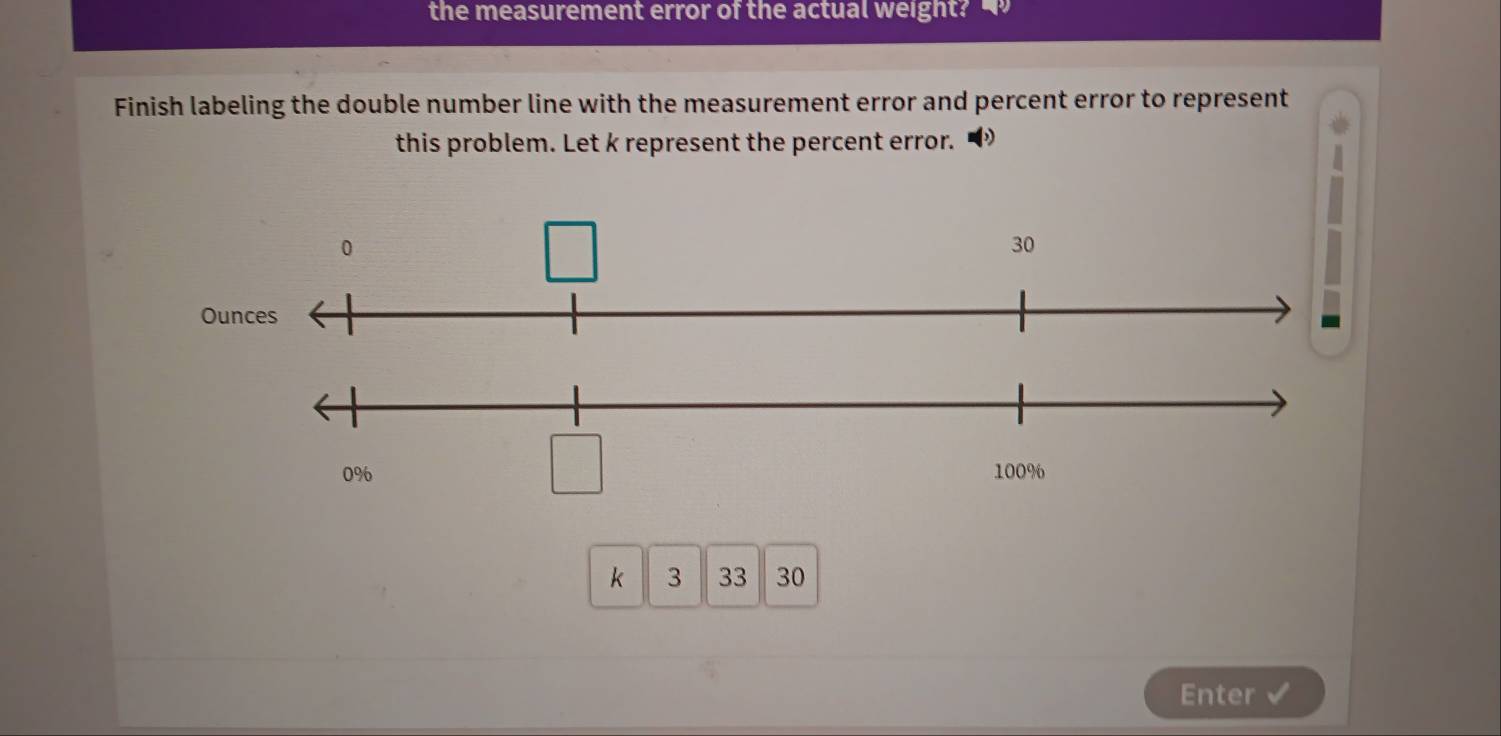 the measurement error of the actual weight? 
Finish labeling the double number line with the measurement error and percent error to represent 
this problem. Let k represent the percent error.
k 3 33 30
Enter